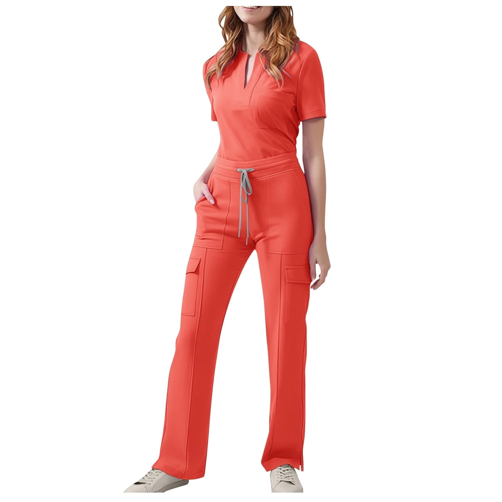 Coral Scrubs With Gray Drawstring — Trendy Scrubs Outfits