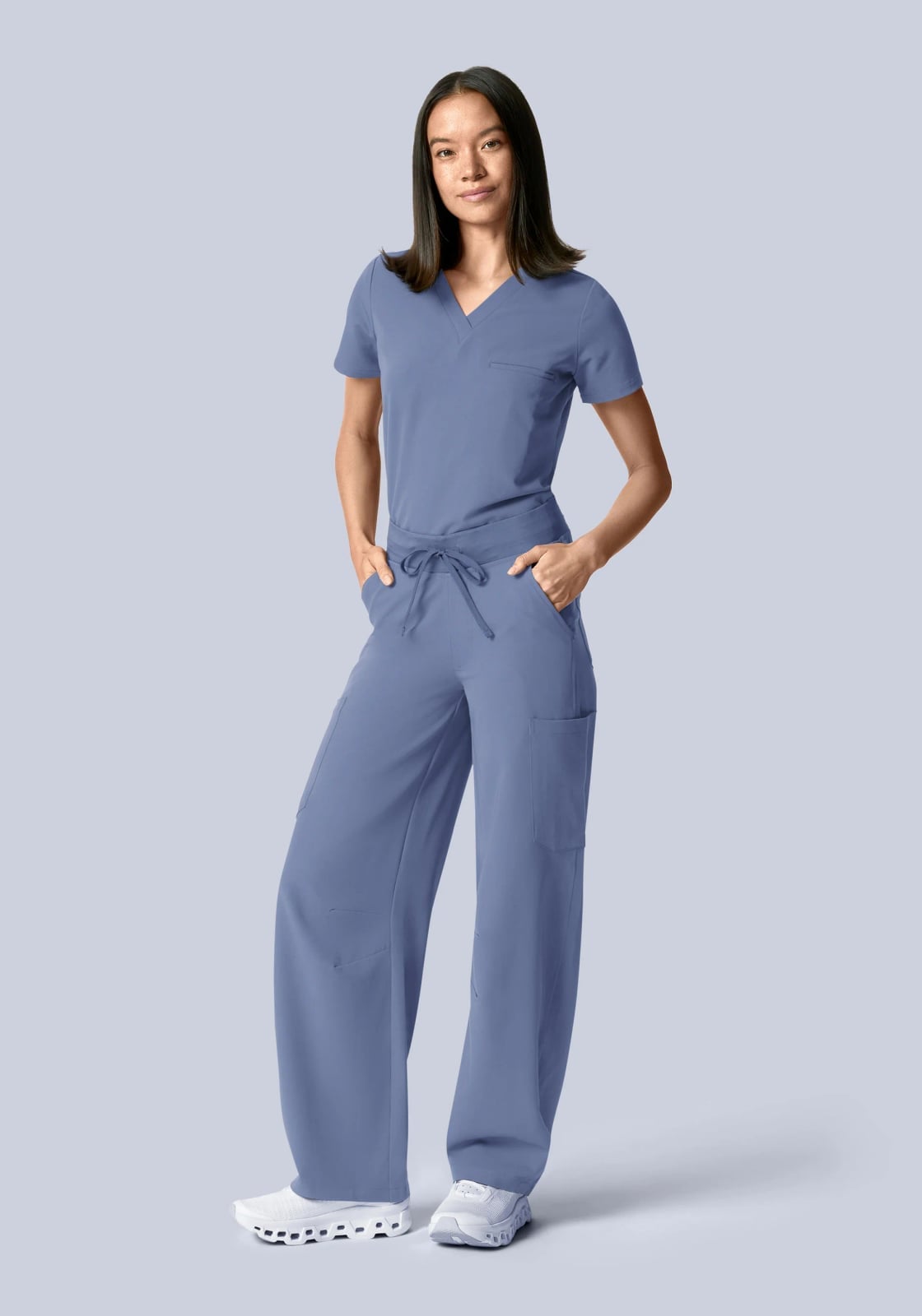 Dusty Blue Scrubs With Wide Leg Pants — Trendy Scrubs Outfits