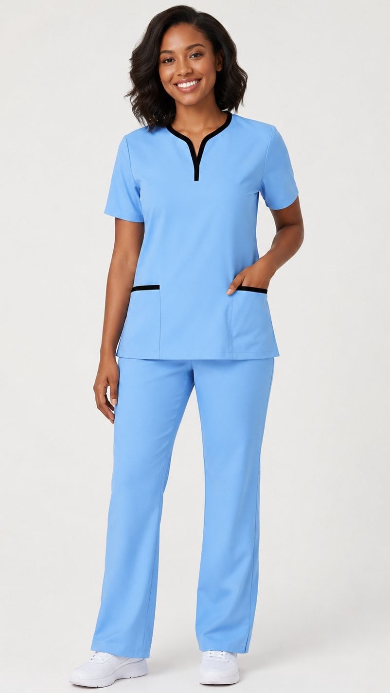 Light Blue Scrubs With Black Contrast Trim — Trendy Scrubs Outfits
