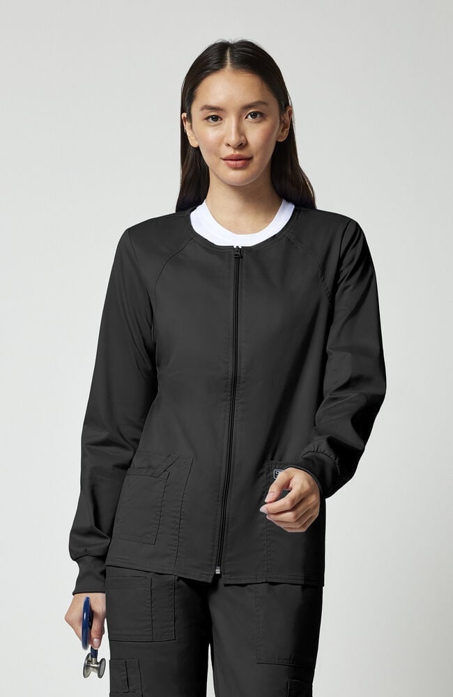 Black Zip-Front Scrub Jacket Over Collared Shirt — Trendy Scrubs Outfits