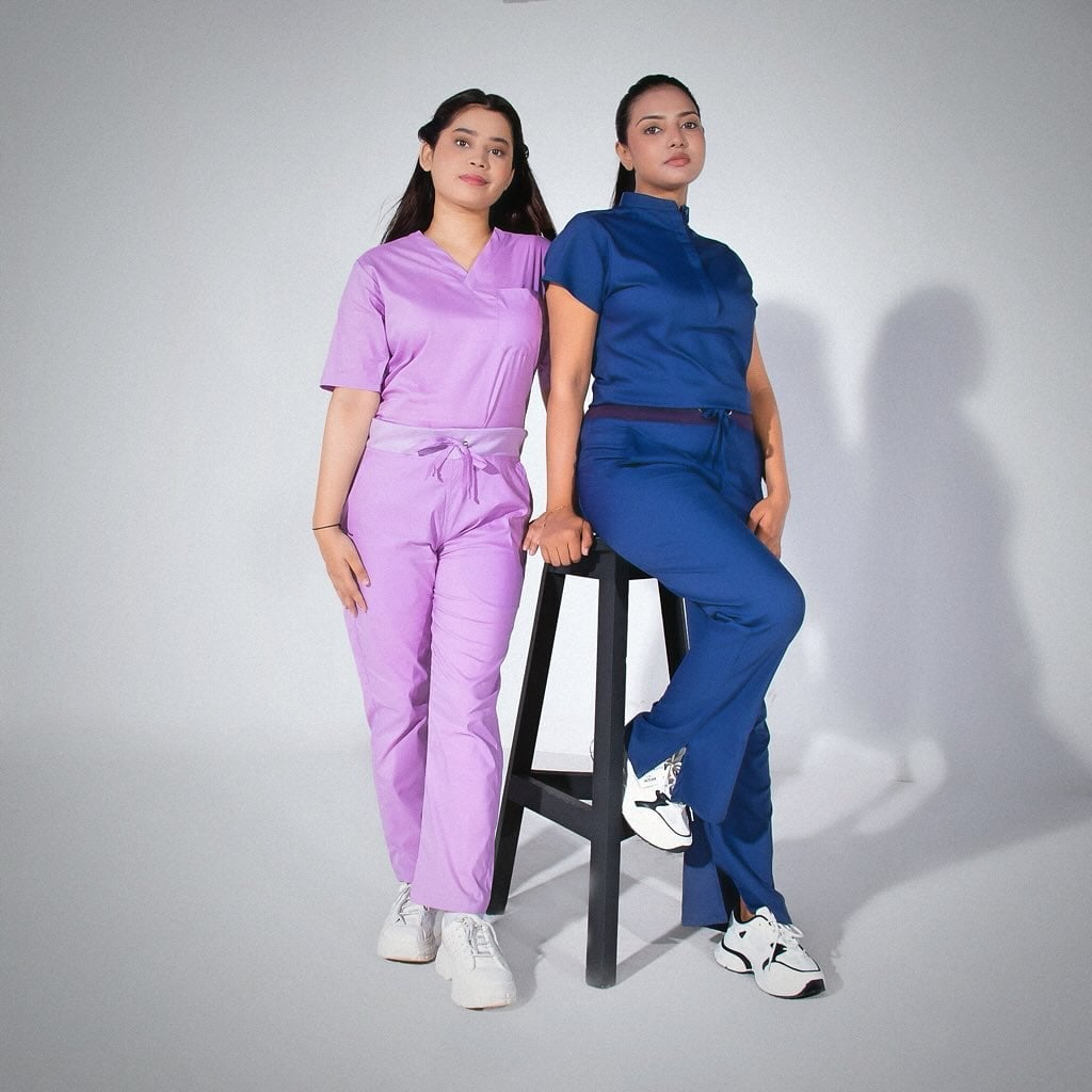 Lilac and Navy Blue Relaxed Fit Scrubs — Trendy Scrubs Outfits