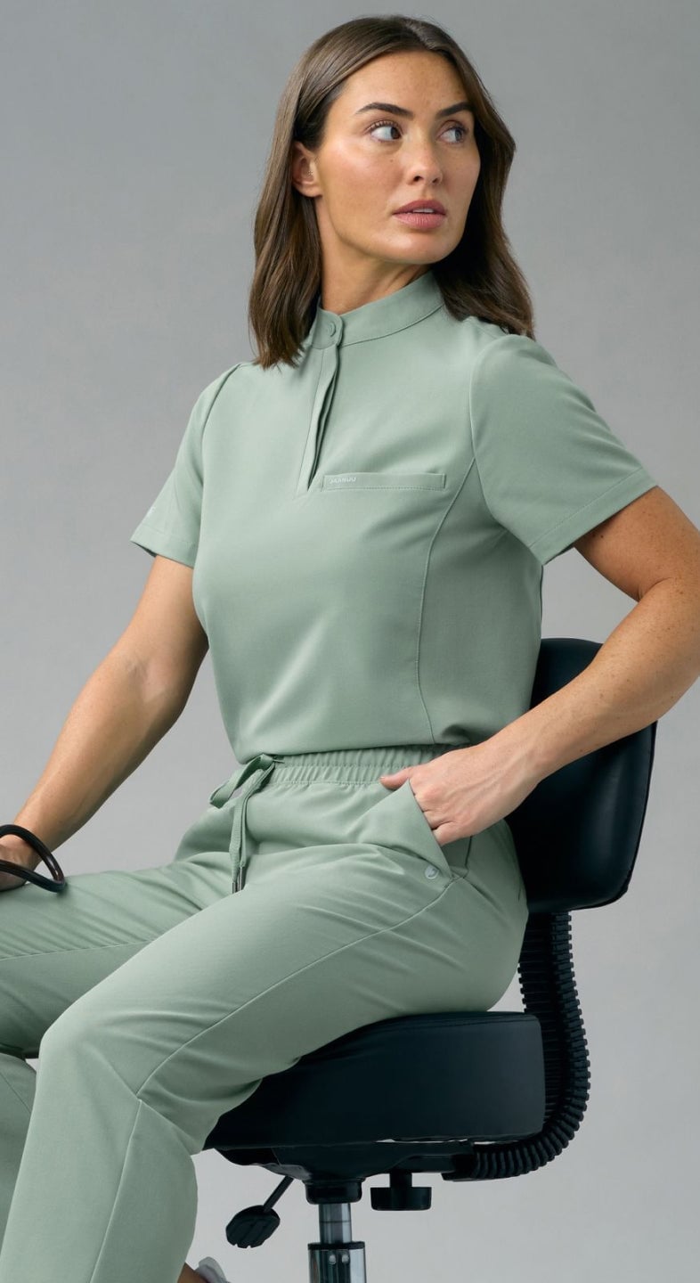 Sage Green Mock Neck Scrub Set — Trendy Scrubs Outfits