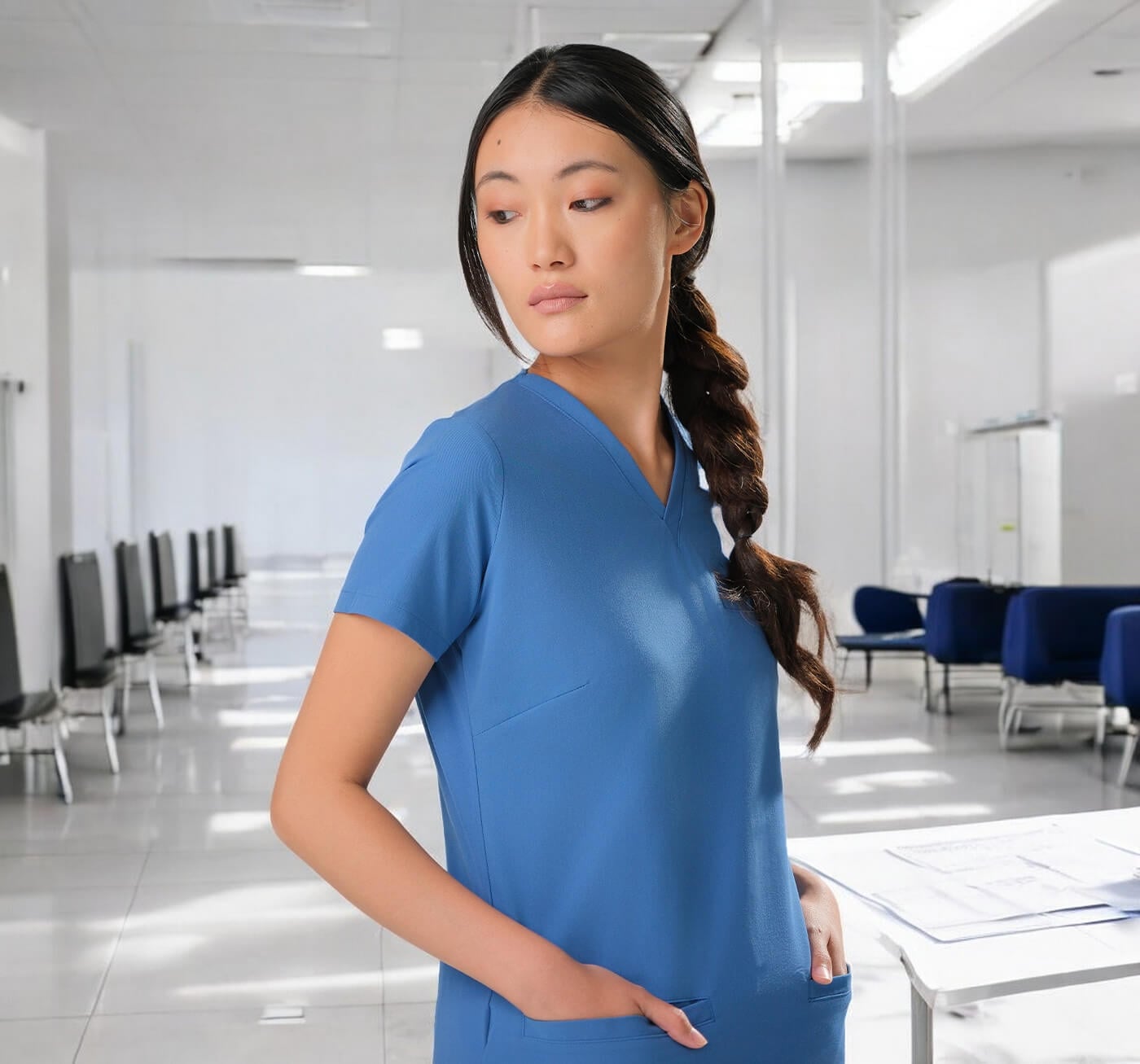 Fitted Blue V-Neck Scrub Top — Trendy Scrubs Outfits