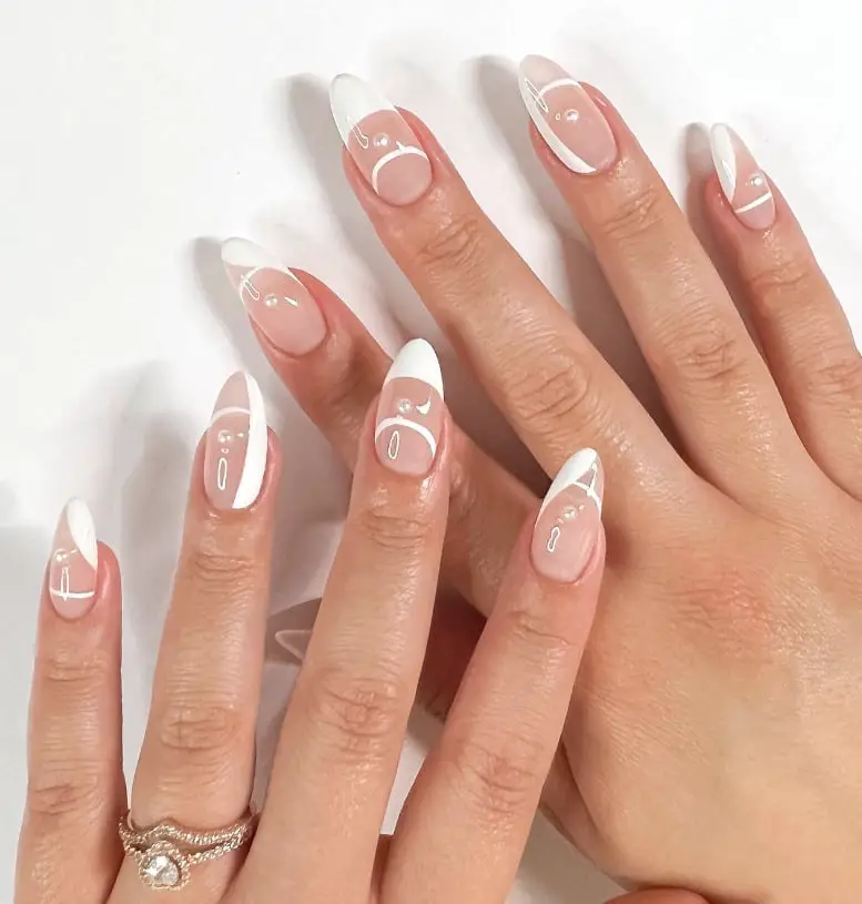 Nude White French Pearl Accent Short Almond Nails, Glossy Nude White French Pearl Accent Short Almond Nails, Glossy — Trendy Short Almond Nails