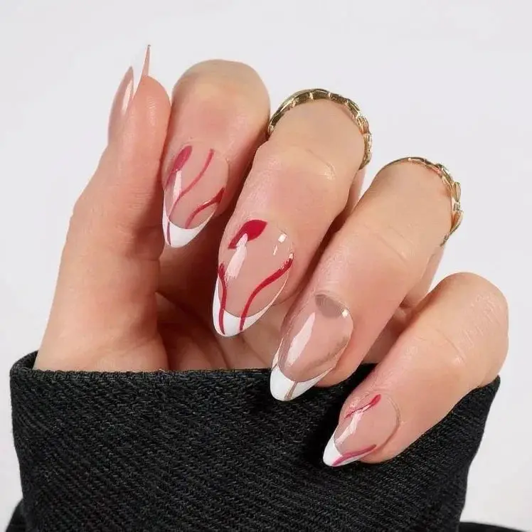 Nude White Red Abstract Line French Short Almond Nails Nude White Red Abstract Line French Short Almond Nails — Trendy Short Almond Nails