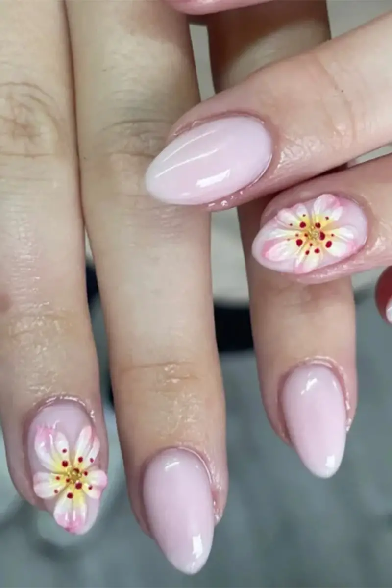 Pale Pink 3D Flower Short Almond Nails Pale Pink 3D Flower Short Almond Nails — Trendy Short Almond Nails