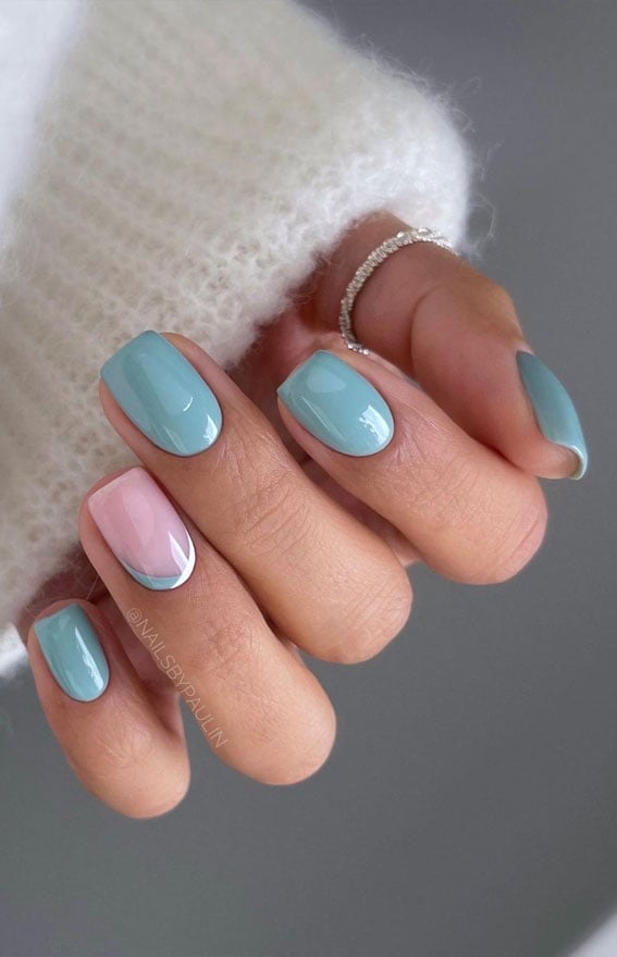 Light Pink Solid Light Blue Wavy Line Square Nails Light Pink Solid Light Blue Wavy Line Square Nails — Trendy Short Cute Nails