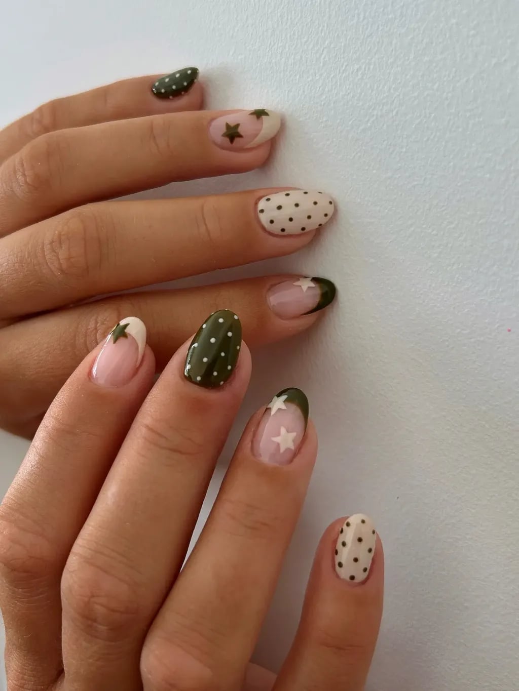 Olive Green Dot Star French Oval Nails Olive Green Dot Star French Oval Nails — Trendy Short Cute Nails