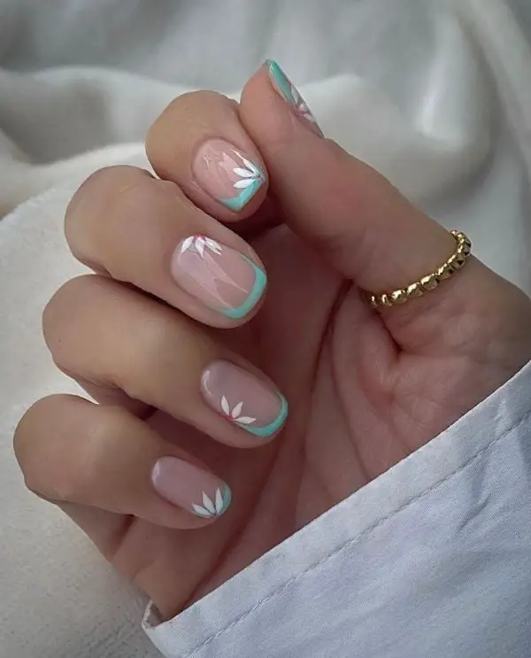 Sheer Nude Light Blue Floral French Square Nails Sheer Nude Light Blue Floral French Square Nails — Trendy Short Cute Nails