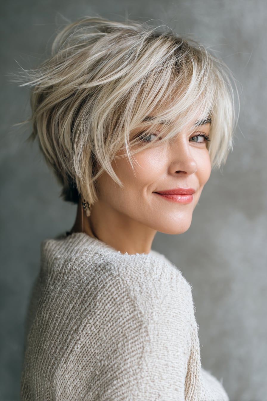 Ash Blonde Layered Bob With Side Bangs — Trendy Short Hair