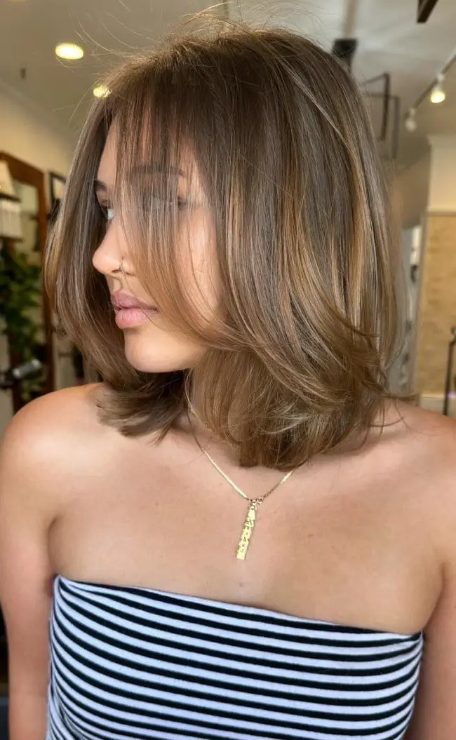 Bronde Layered Lob With Balayage — Trendy Short Hair