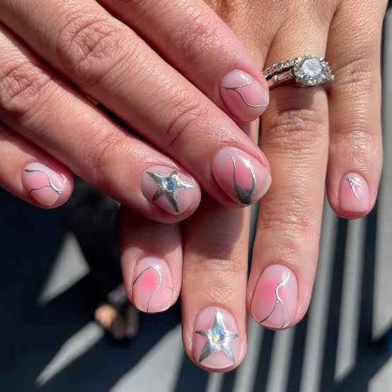 Sheer Pink Silver Line Star Short Almond Nails — Trendy Short Nails Color