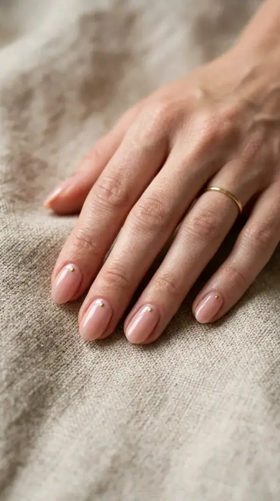 Sheer Nude Pink Short Square Gold Dot Nails — Trendy Short Nails Color