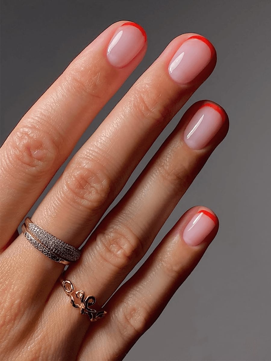 Sheer Milky Pink Red Line French Short Square Nails — Trendy Short Nails Color