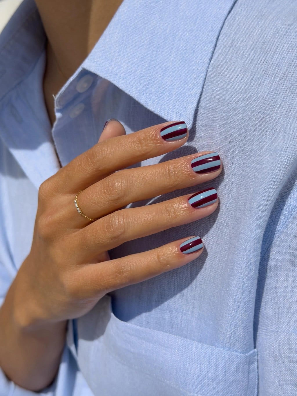 Dark Burgundy Light Blue Stripe Short Square Nails — Trendy Short Nails Color