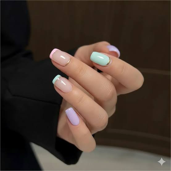 Sheer Nude Pastel French Gold Line Short Square Nails, Mint Green — Trendy Short Nails Color