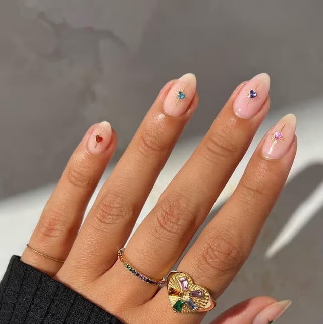 Sheer Nude Short Almond Gemstone Heart Nails — Trendy Short Nails Color