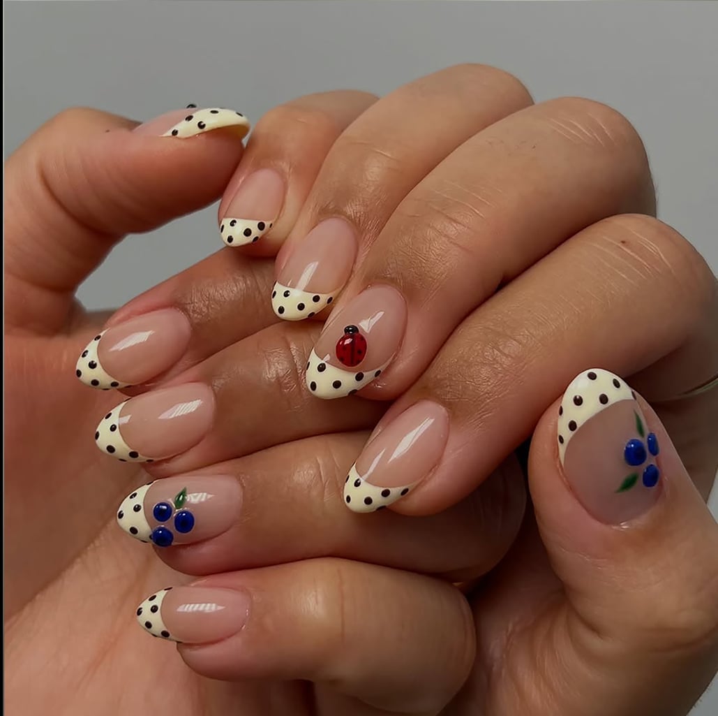 Nude French Ladybug Blueberry Short Almond Nails — Trendy Short Nails Color