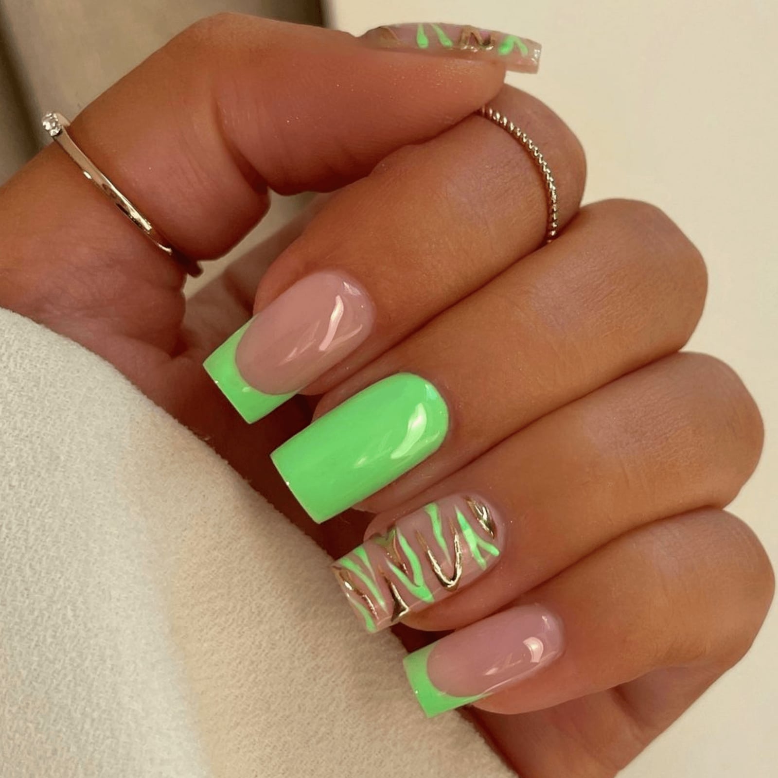 Neon Green French Tips Gold Accent Short Square Nails Neon Green French Tips Gold Accent Short Square Nails — Trendy Short Square Nails