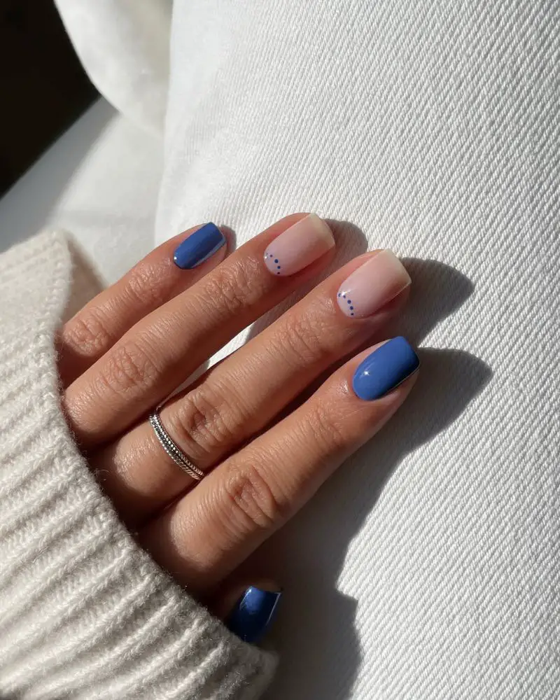 Blue Dots on Nude Short Square Nails Blue Dots on Nude Short Square Nails — Trendy Short Square Nails