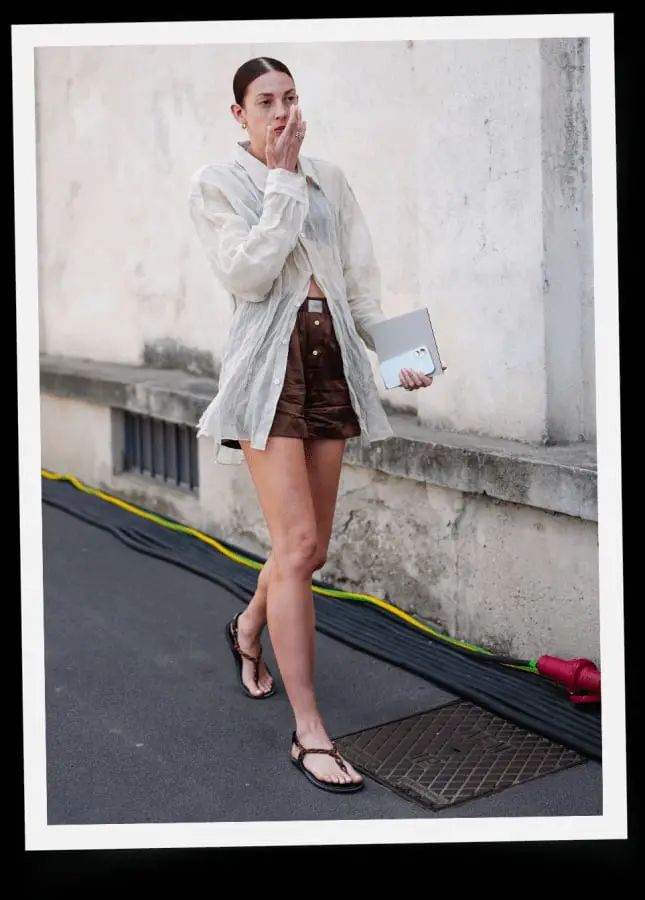Brown Satin Shorts with Sheer Shirt Brown Satin Shorts with Sheer Shirt — Trendy Shorts Outfits