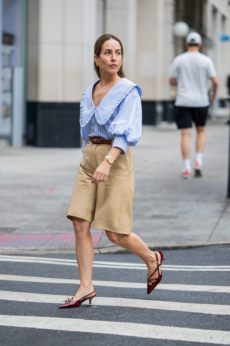 Tan Bermuda Shorts with Striped Shirt Tan Bermuda Shorts with Striped Shirt — Trendy Shorts Outfits