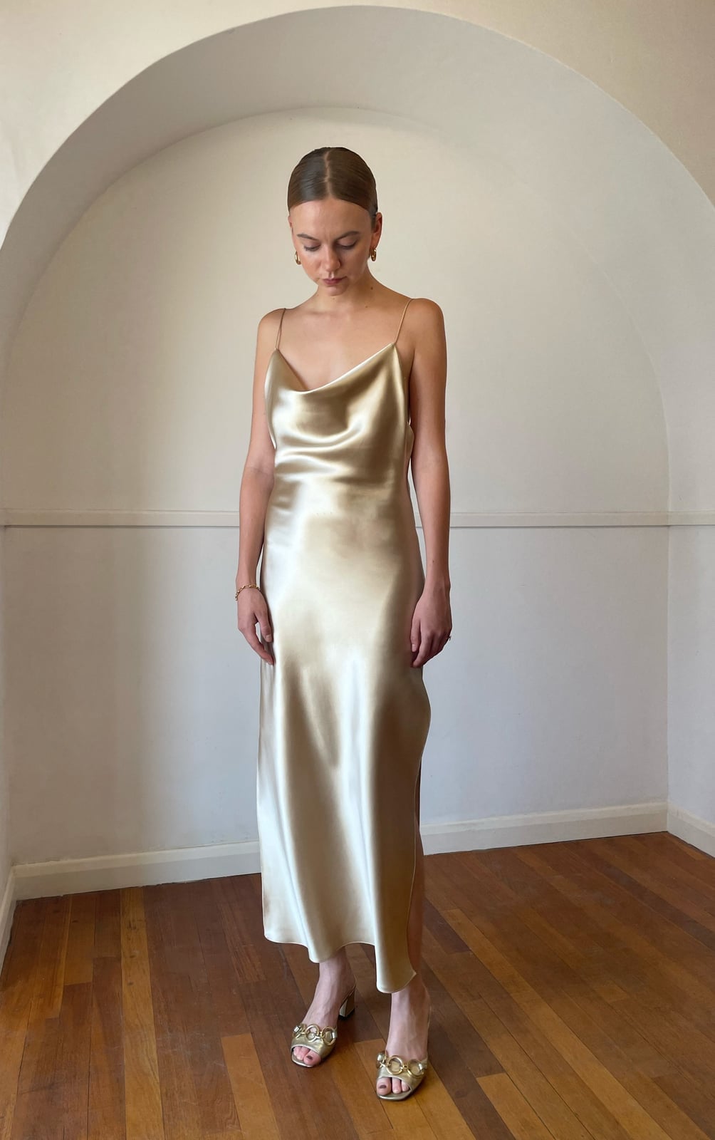 Champagne Silk Slip Dress with Delicate Straps Champagne Silk Slip Dress with Delicate Straps — Trendy Silk Dresses