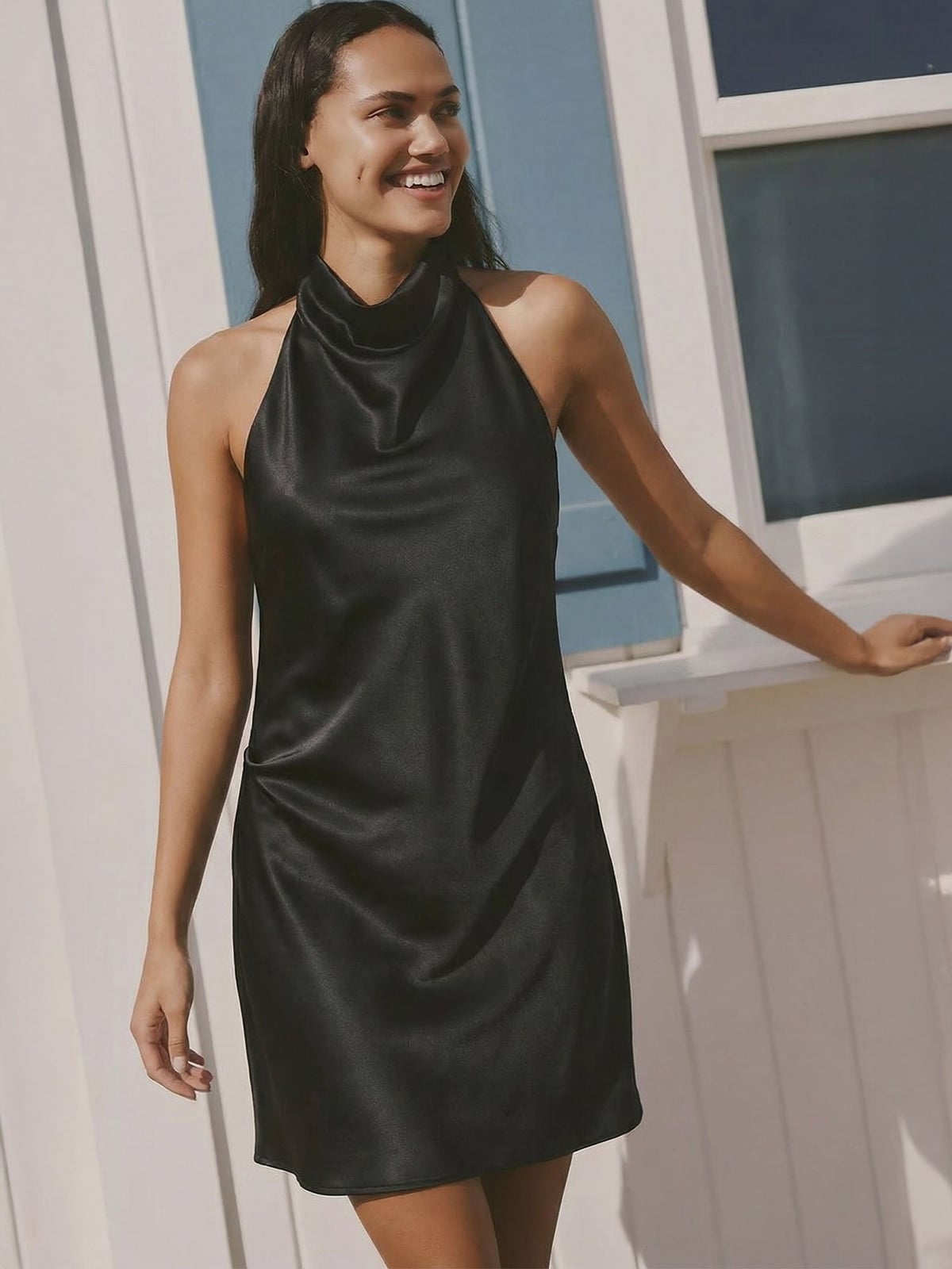 Black Satin Halter Mini Dress with Shift Silhouette Black Satin Halter Mini Dress with Shift Silhouette — Trendy Silk Dresses