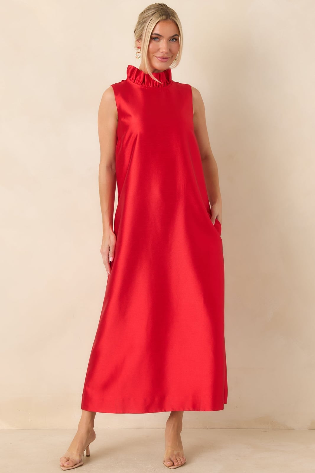 Bold Red Silk Shift Maxi Dress with Pockets Bold Red Silk Shift Maxi Dress with Pockets — Trendy Silk Dresses
