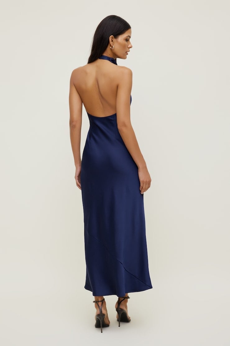 Navy Blue Silk Column Maxi Dress Backless Halter Navy Blue Silk Column Maxi Dress Backless Halter — Trendy Silk Dresses