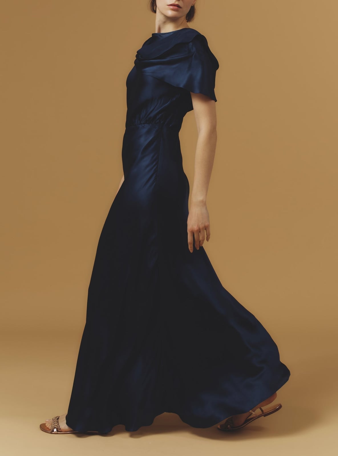 Navy Blue Silk Dress with Draped Cowl Neckline Navy Blue Silk Dress with Draped Cowl Neckline — Trendy Silk Dresses