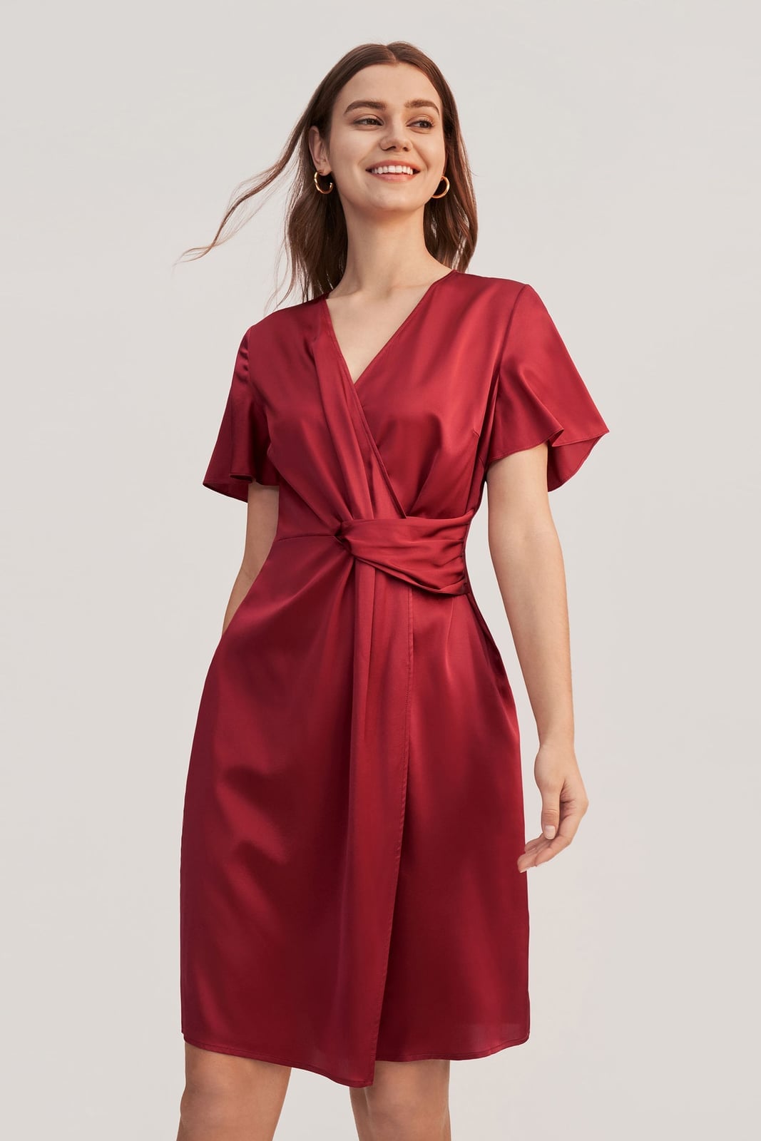 Claret Silk Wrap Dress with Twisted Waist Claret Silk Wrap Dress with Twisted Waist — Trendy Silk Dresses