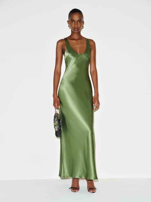 Floor Length Green Silk Slip Dress with Scoop Neck Floor Length Green Silk Slip Dress with Scoop Neck — Trendy Silk Dresses