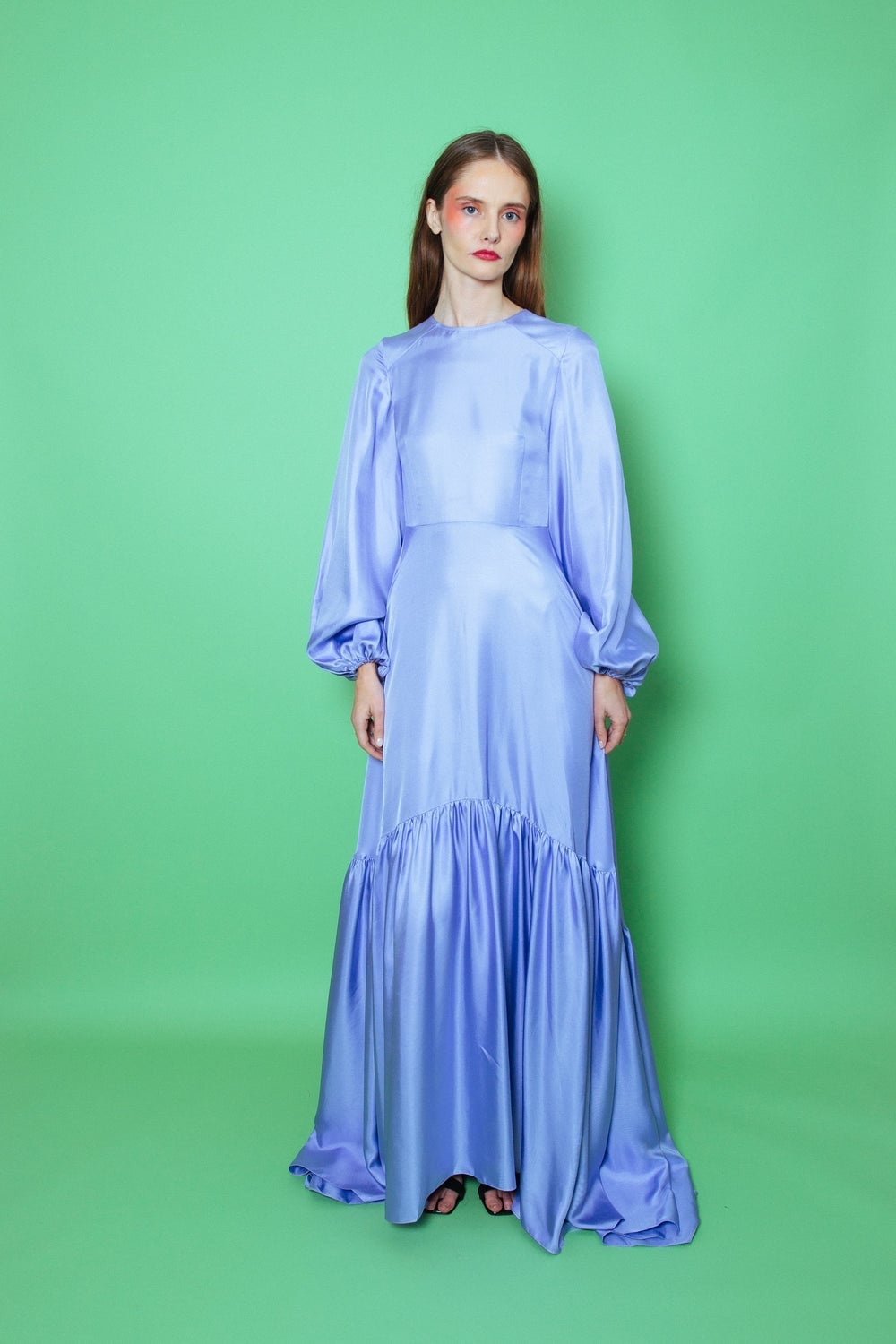 Lilac Silk Maxi Dress with Tiered Ruffled Hem Lilac Silk Maxi Dress with Tiered Ruffled Hem — Trendy Silk Dresses