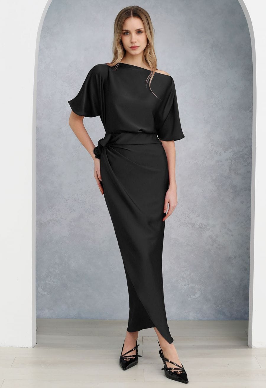 Black Satin Maxi Dress with Wrapped Waist Black Satin Maxi Dress with Wrapped Waist — Trendy Silk Dresses