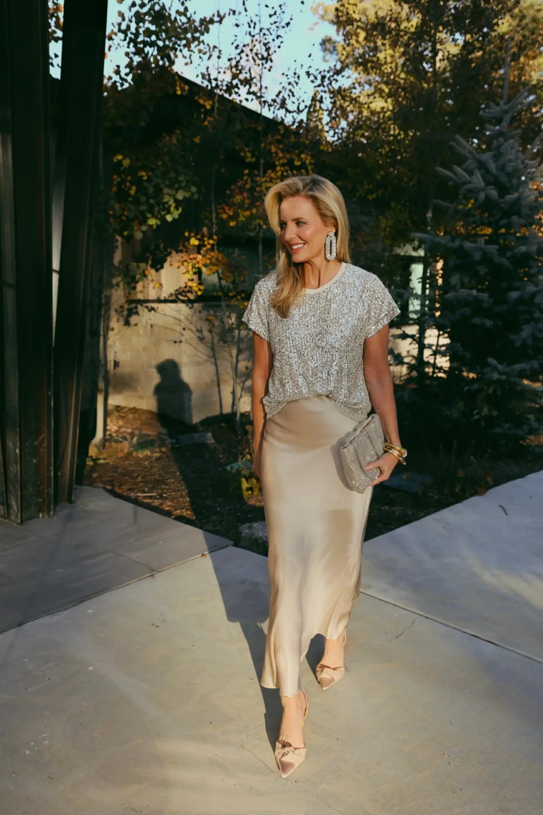 Champagne Silk Slip Skirt With Sequined Top Champagne Silk Slip Skirt With Sequined Top — Trendy Silk Dresses Outfit