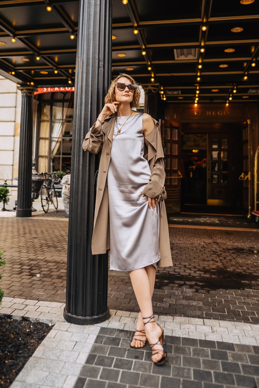 Silver Silk Slip Dress With Draped Trench Coat Silver Silk Slip Dress With Draped Trench Coat — Trendy Silk Dresses Outfit