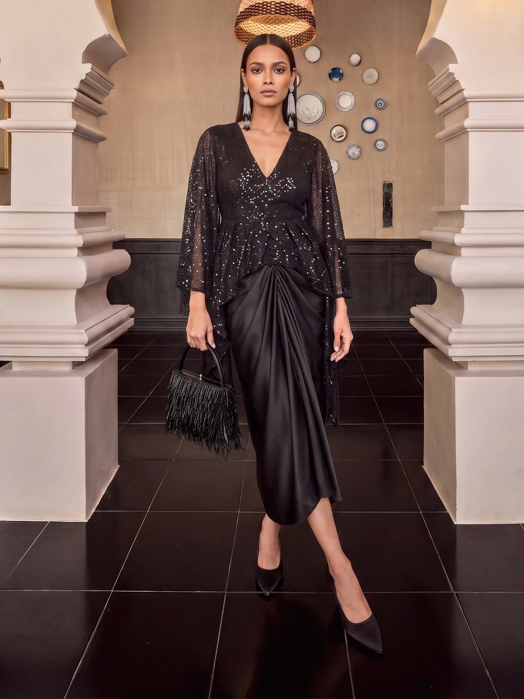 Black Silk Midi Dress With Sequined Top Black Silk Midi Dress With Sequined Top — Trendy Silk Dresses Outfit