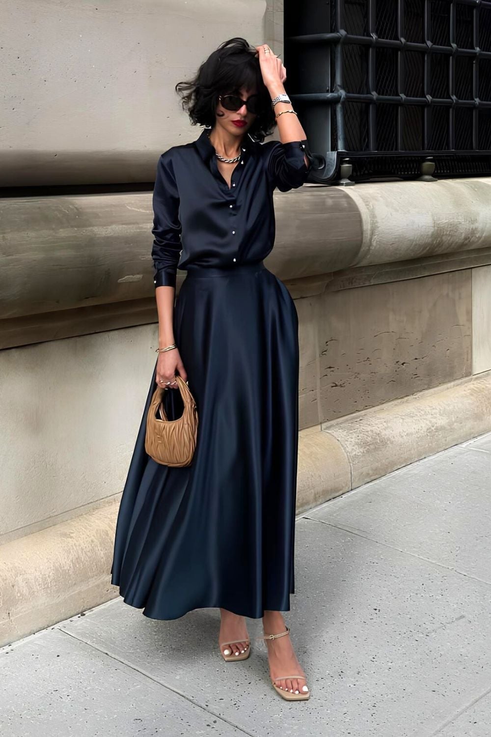 Navy Silk Button-Down Shirt Dress Navy Silk Button-Down Shirt Dress — Trendy Silk Dresses Outfit