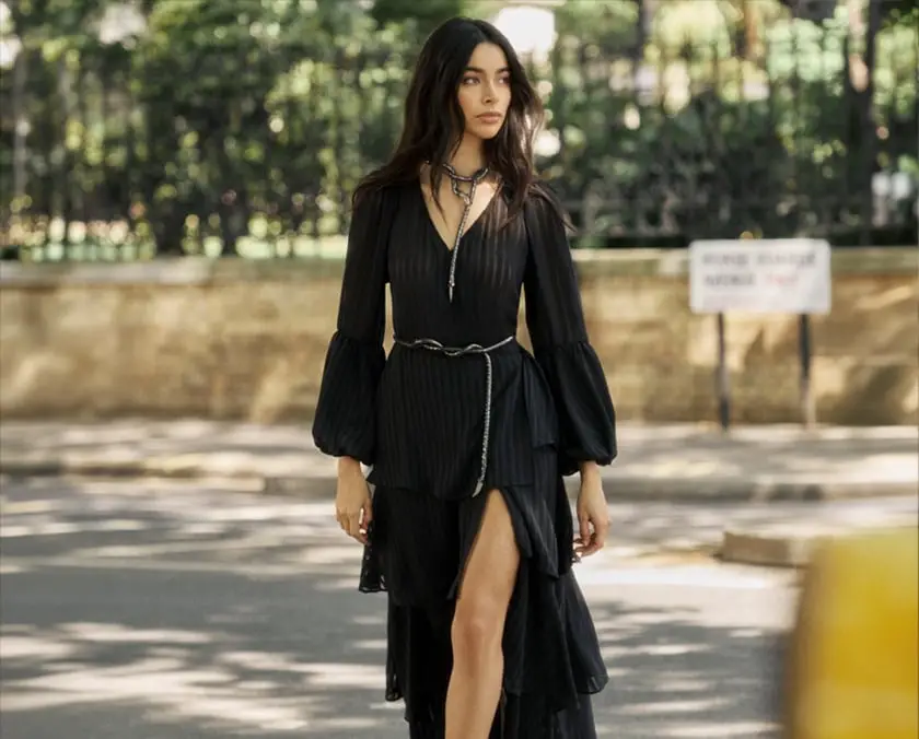 Black Long-Sleeved Tiered Dress With Slit Black Long-Sleeved Tiered Dress With Slit — Trendy Silk Dresses Outfit