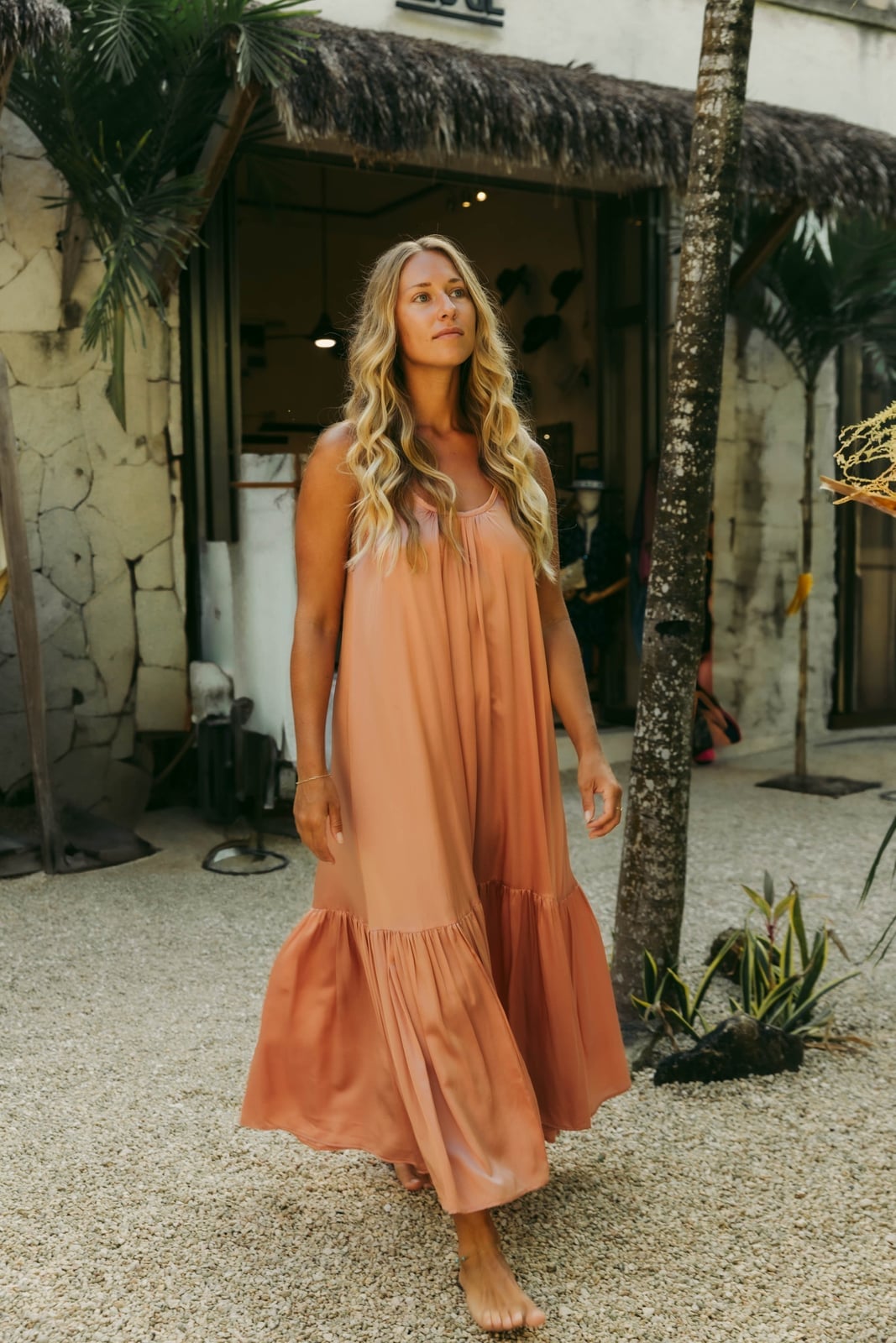 Peach Spaghetti Strap Tiered Maxi Silk Dress Peach Spaghetti Strap Tiered Maxi Silk Dress — Trendy Silk Dresses Outfit