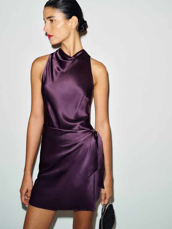 Deep Purple Satin Silk Halter Neck Dress Deep Purple Satin Silk Halter Neck Dress — Trendy Silk Dresses Outfit
