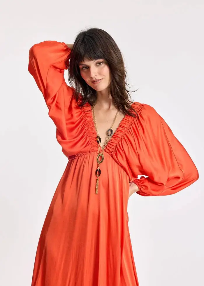 Vibrant Orange Silk Dress With Gathered Neckline Vibrant Orange Silk Dress With Gathered Neckline — Trendy Silk Dresses Outfit