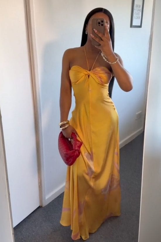 Yellow Satin Silk Strapless Maxi Dress Yellow Satin Silk Strapless Maxi Dress — Trendy Silk Dresses Outfit