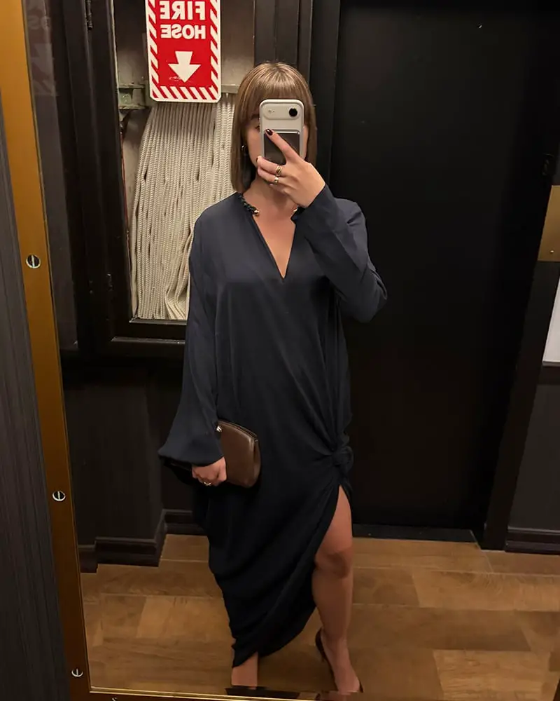 Dark Navy Long Sleeve Draped Silk Dress Dark Navy Long Sleeve Draped Silk Dress — Trendy Silk Dresses Outfit