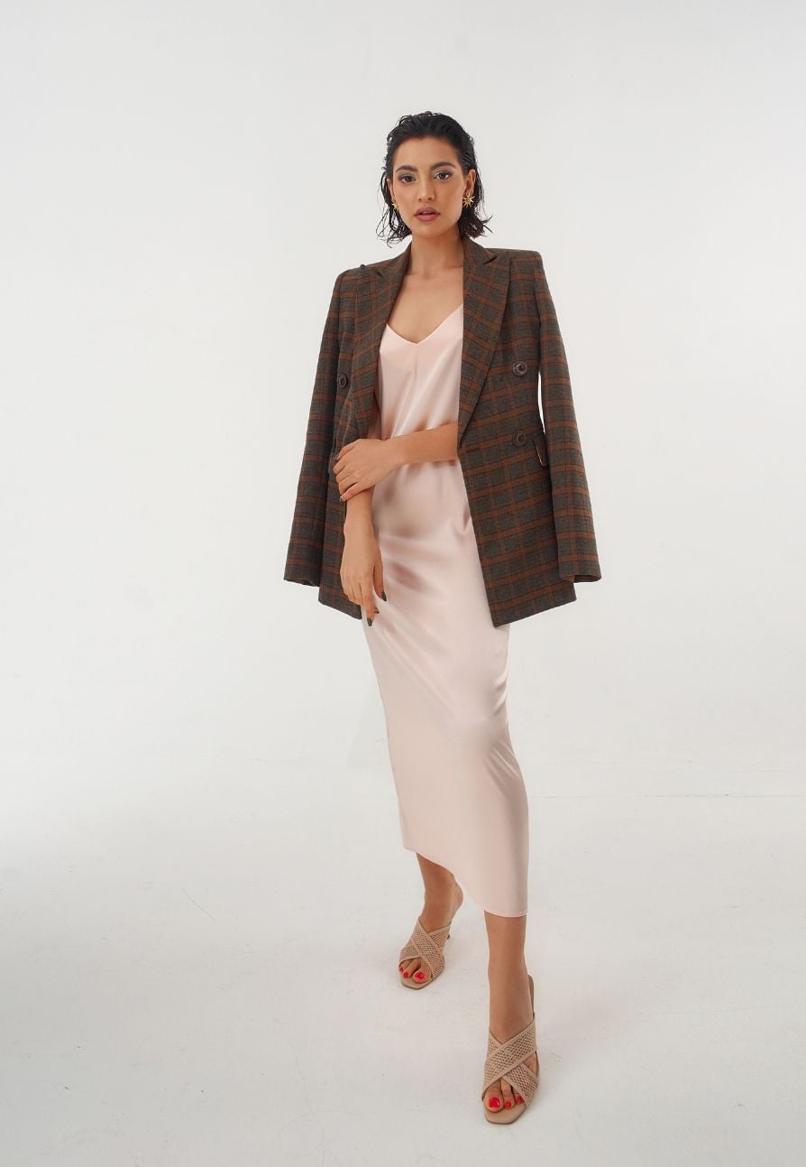 Pale Pink Silk Slip Dress With Plaid Blazer Pale Pink Silk Slip Dress With Plaid Blazer — Trendy Silk Dresses Outfit