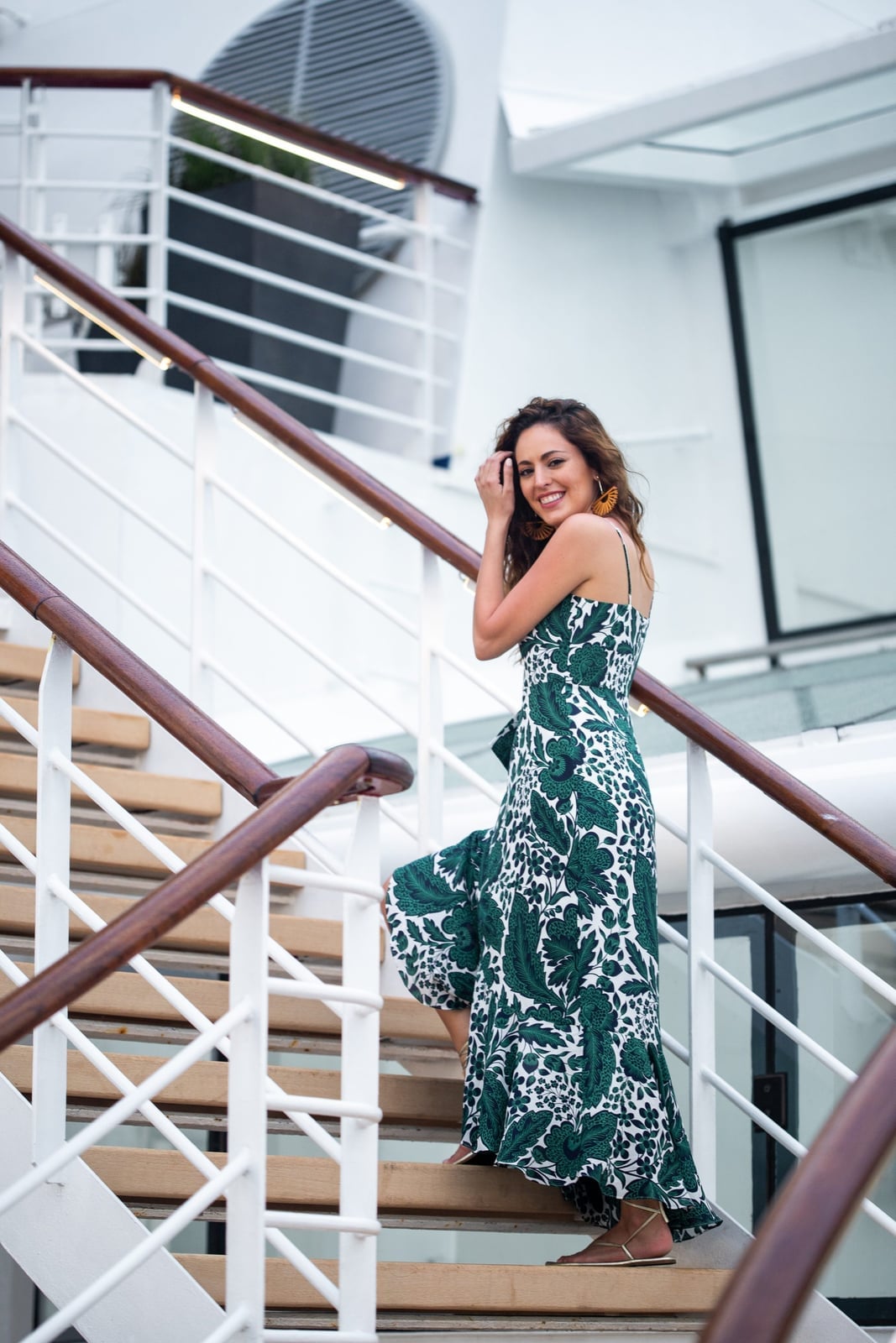 Green and White Leaf Print Wrap Midi Dress With Flat Sandals Green and White Leaf Print Wrap Midi Dress With Flat Sandals — Trendy Silk Dresses Outfit