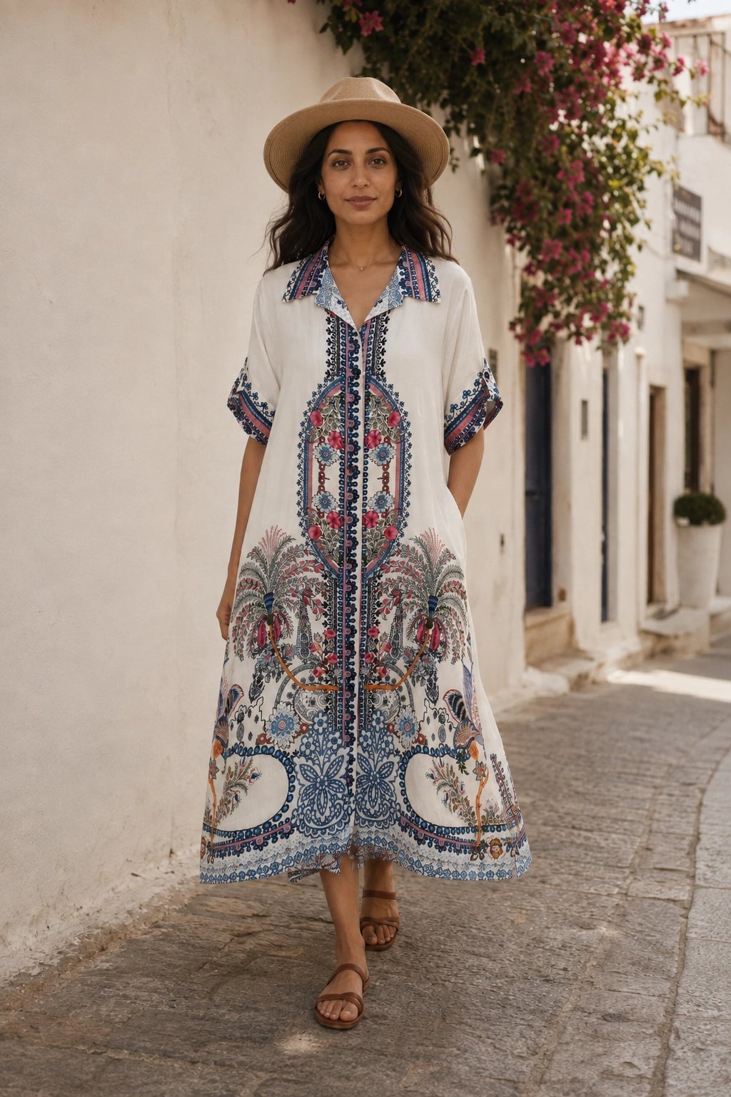 Printed Midi Shirt Dress With Hat Printed Midi Shirt Dress With Hat — Trendy Silk Dresses Outfit