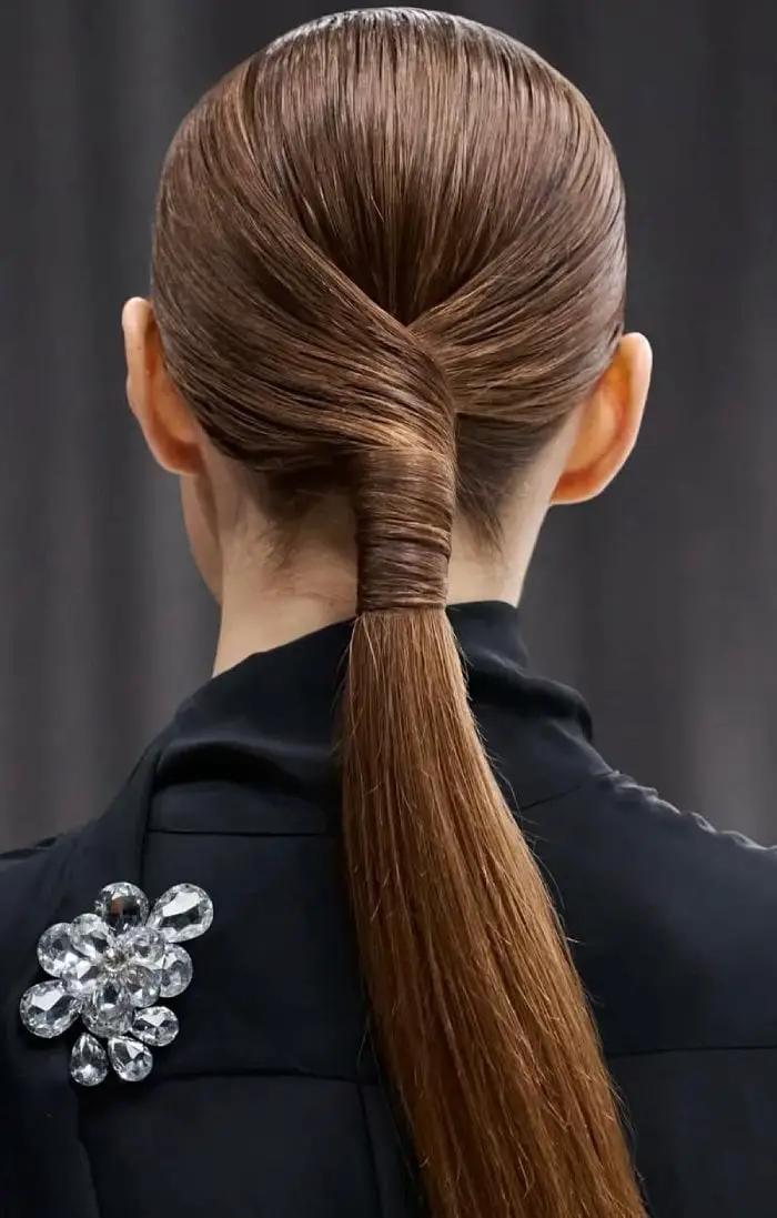Wrapped Low Ponytail Medium Brown — Trendy Sleek Ponytail