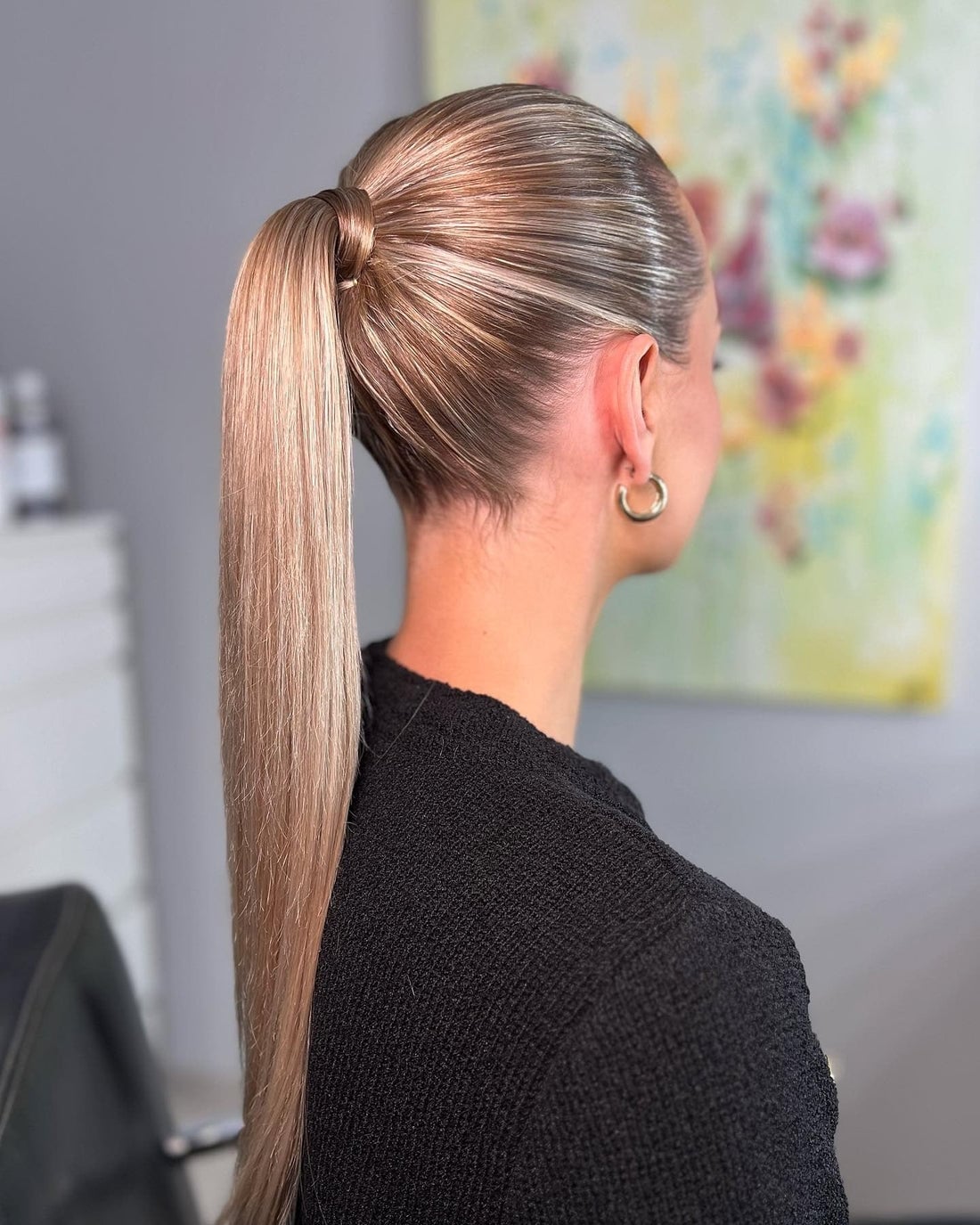 Sleek Ash Blonde Ponytail With Root Shadow — Trendy Sleek Ponytail